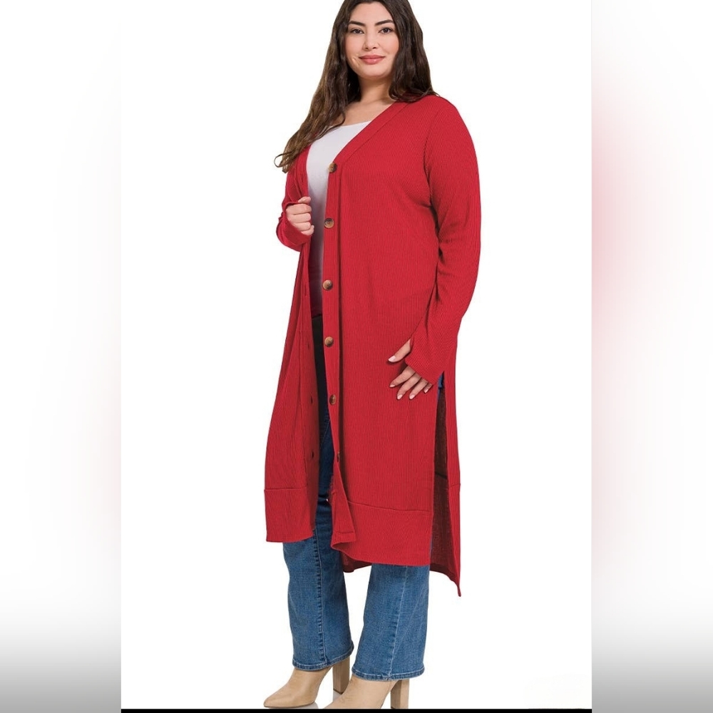 Plus Size Ribbed Cardigan Red